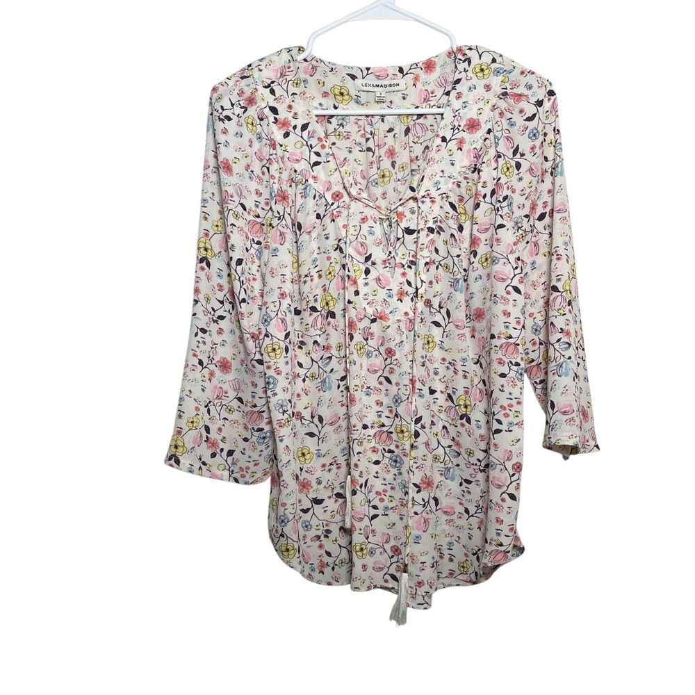 Lex & Madison Blouse Women's Small V-Neck 3/4 Sleeve Floral Shirt Top Preppy